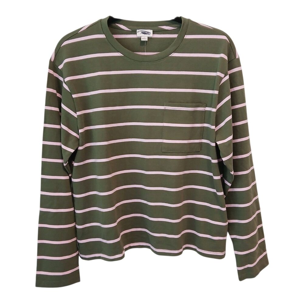 NWT J.CREW Green Pink Striped Boat Neck 3/4 Sleeve Cotton StructureT-Shirt Small